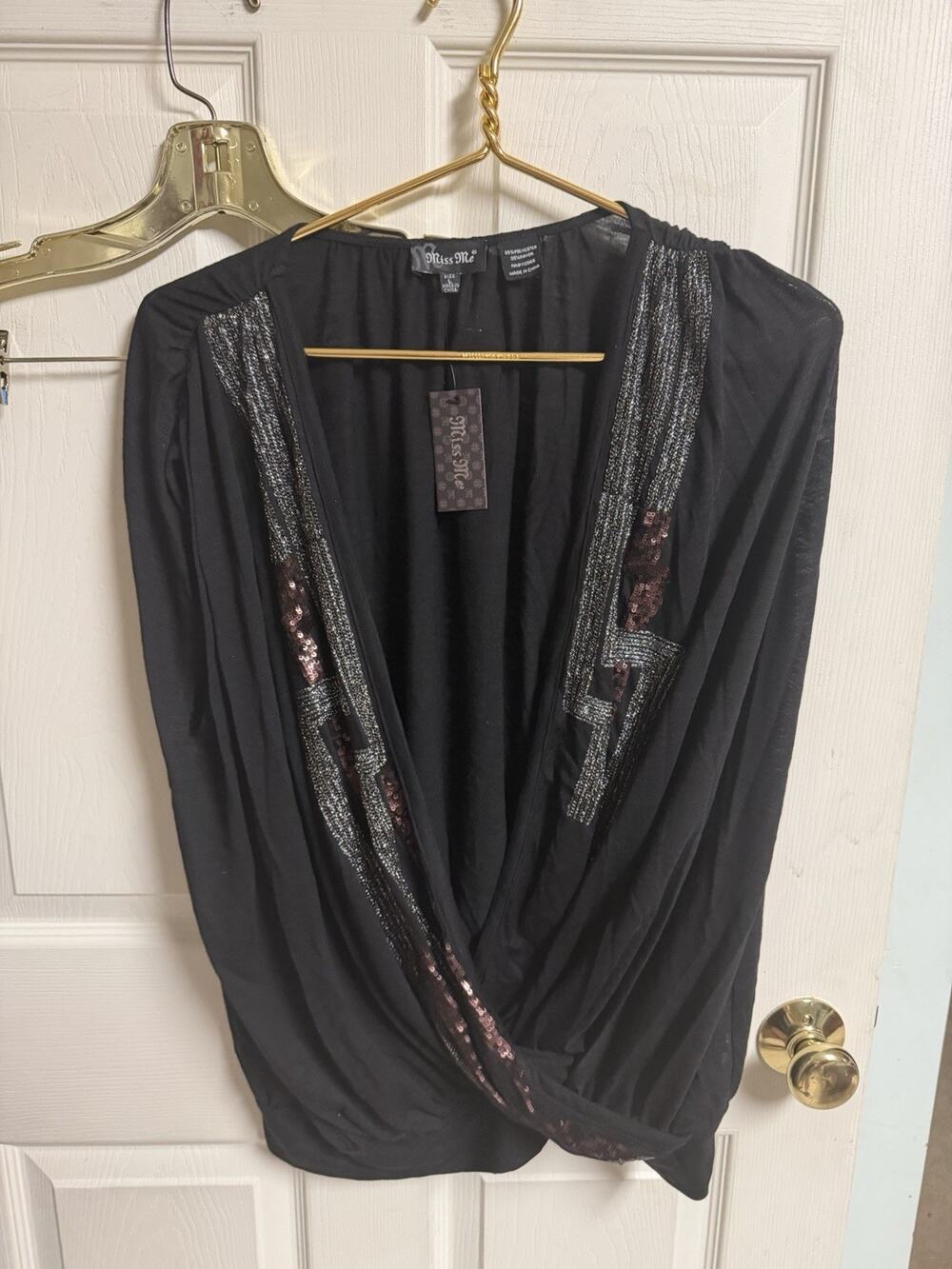 Miss Me Womens Sleeveless Surplice Top Hippy Black Sequin Sexy Large 50x26 New